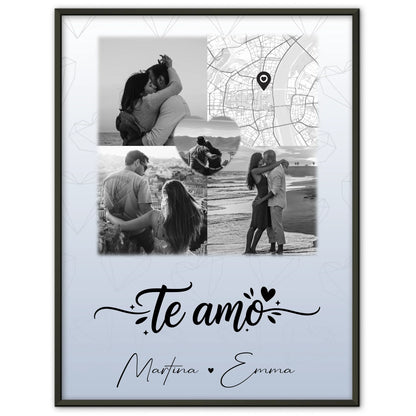 Personalisierte Poster Partner mit 3 Fotos und 1 Herz Foto und Karte Te amo Liebe auf Spanisch