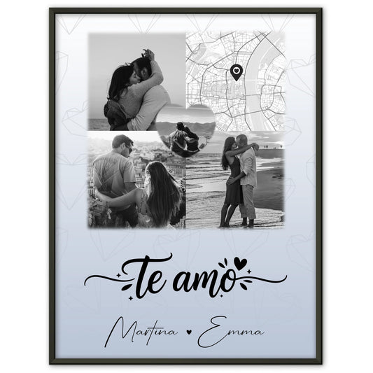 Personalisierte Poster Partner mit 3 Fotos und 1 Herz Foto und Karte Te amo Liebe auf Spanisch