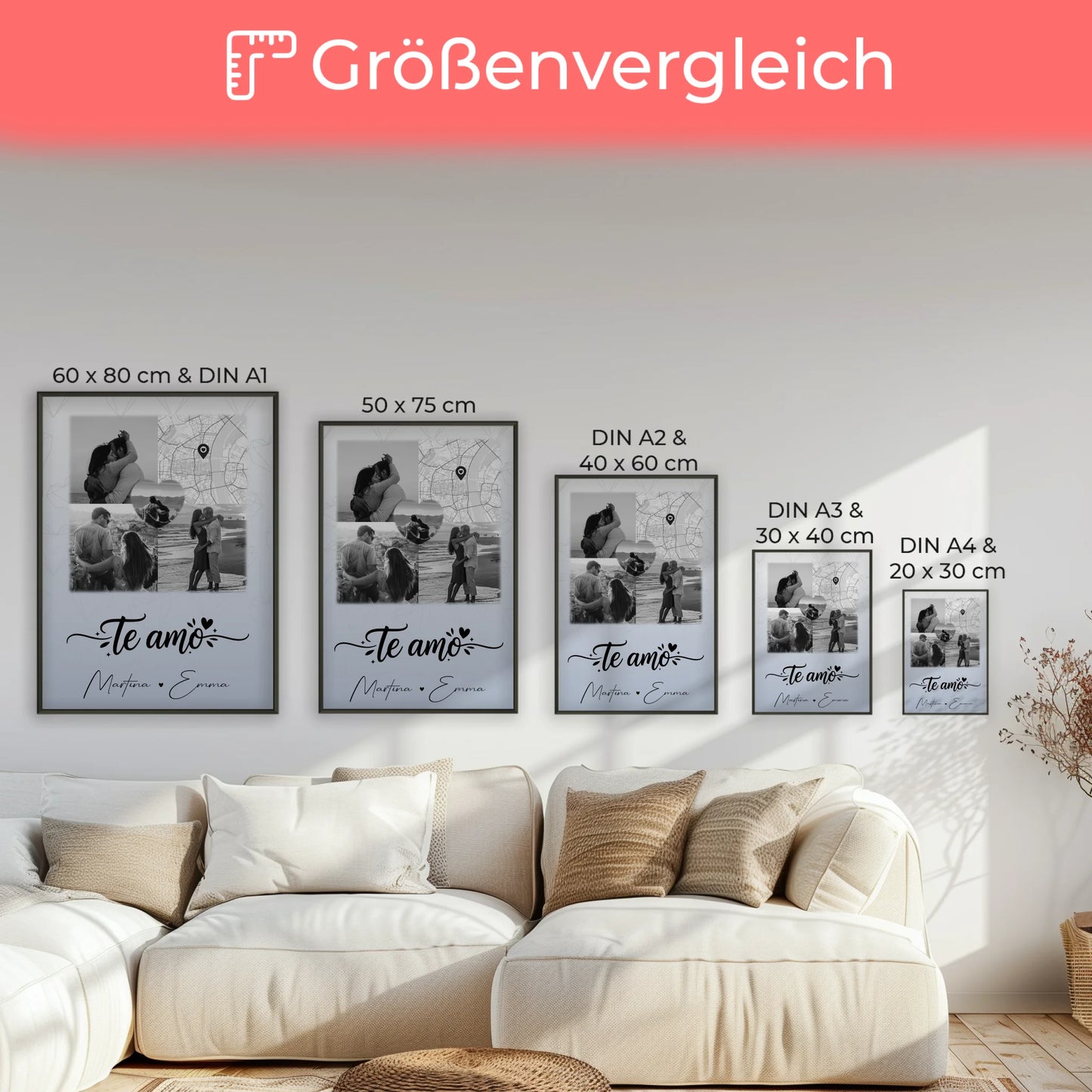 Personalisierte Poster Partner mit 3 Fotos und 1 Herz Foto und Karte Te amo Liebe auf Spanisch