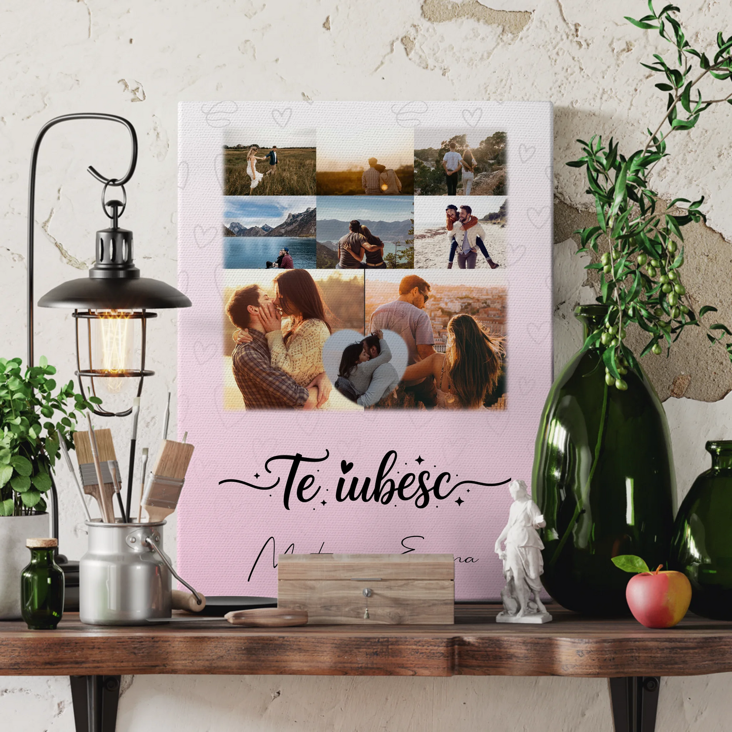 Paar Leinwand mit 8 Fotos und Herz Foto Te iubesc Liebe auf Rumänisch personalisiertes Geschenk