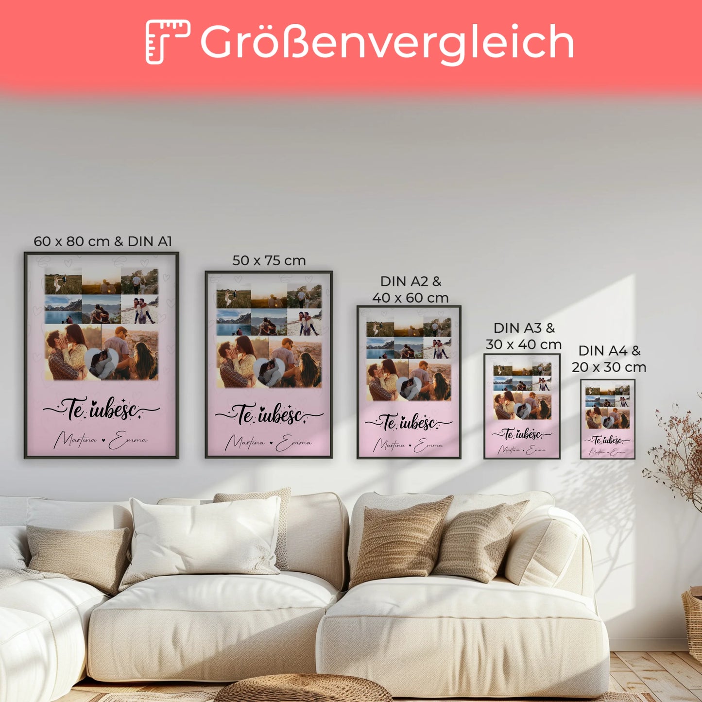 Poster Personalisiert Liebe mit 8 Fotos und 1 Herz Foto Te iubesc Liebe auf Rumänisch