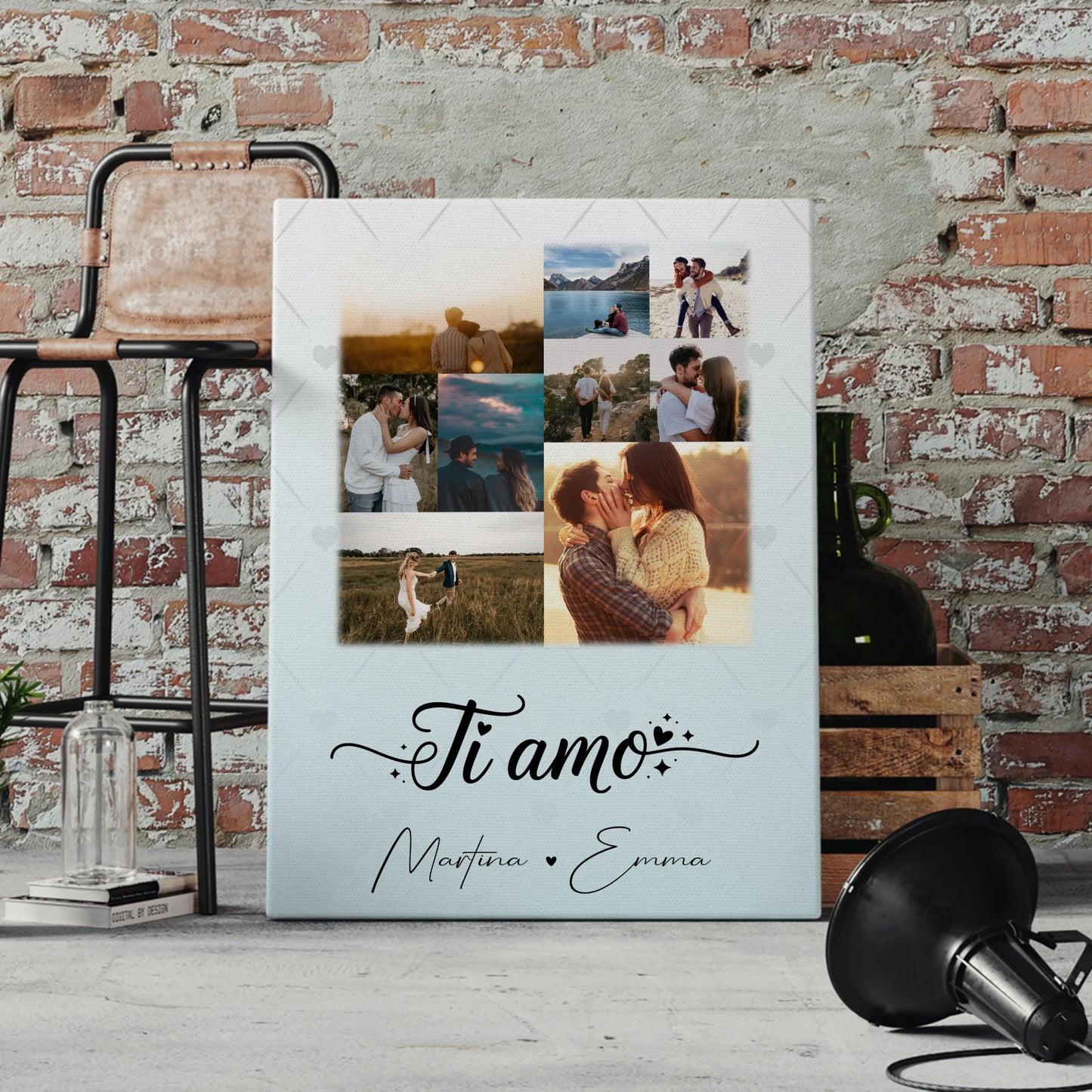 Pärchen Leinwand mit 9 Fotos Ti amo Liebe auf Italienisch personalisiertes Geschenk
