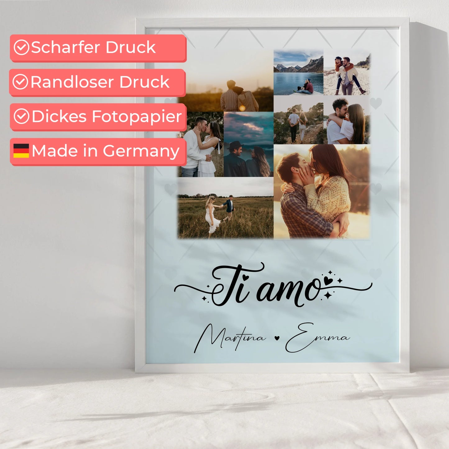 Pärchen Poster Personalisiert mit 9 Fotos als Liebesbeweis Ti amo Liebe auf Italienisch