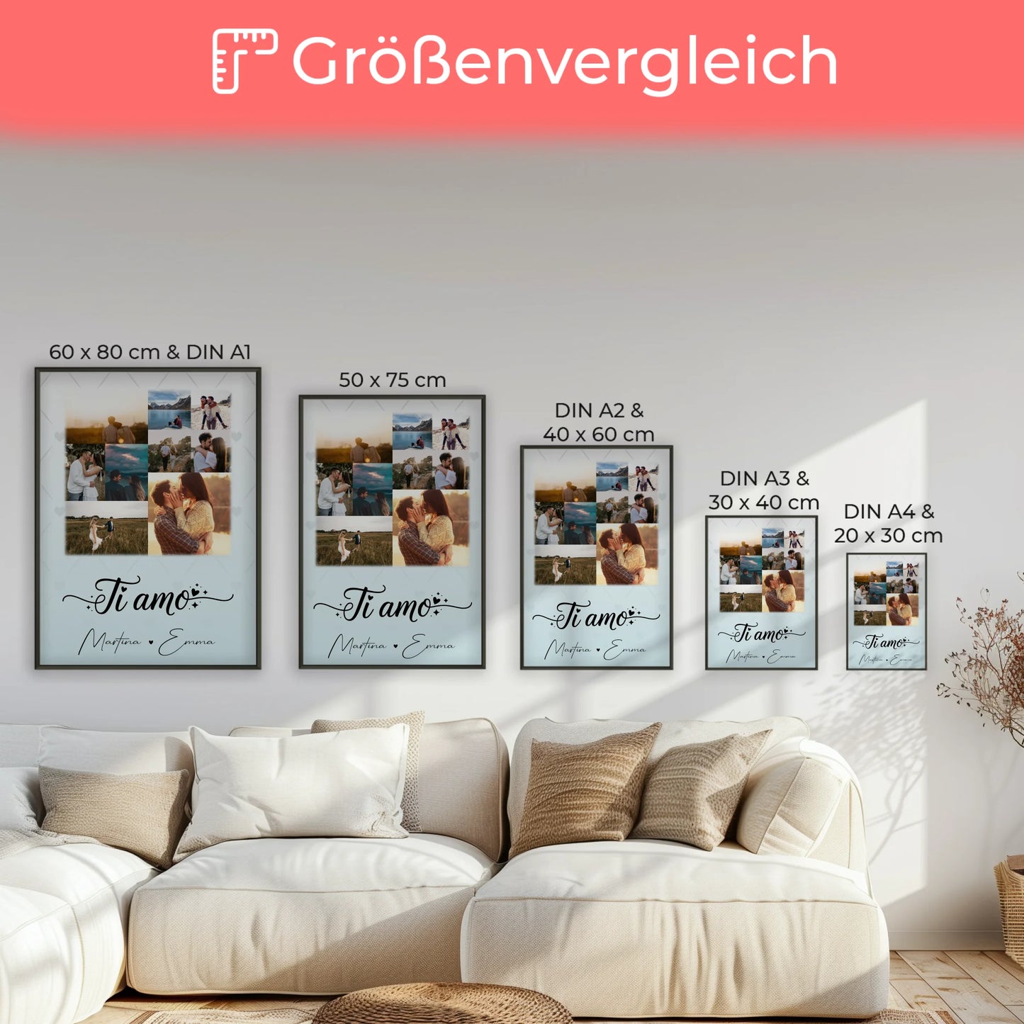 Pärchen Poster Personalisiert mit 9 Fotos als Liebesbeweis Ti amo Liebe auf Italienisch