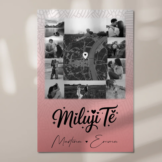 Personalisierbares Fotoboard Poster Magnetisch mit 10 Fotos und Karte in der Mitte Miluji tě Liebe auf Tschechisch 1