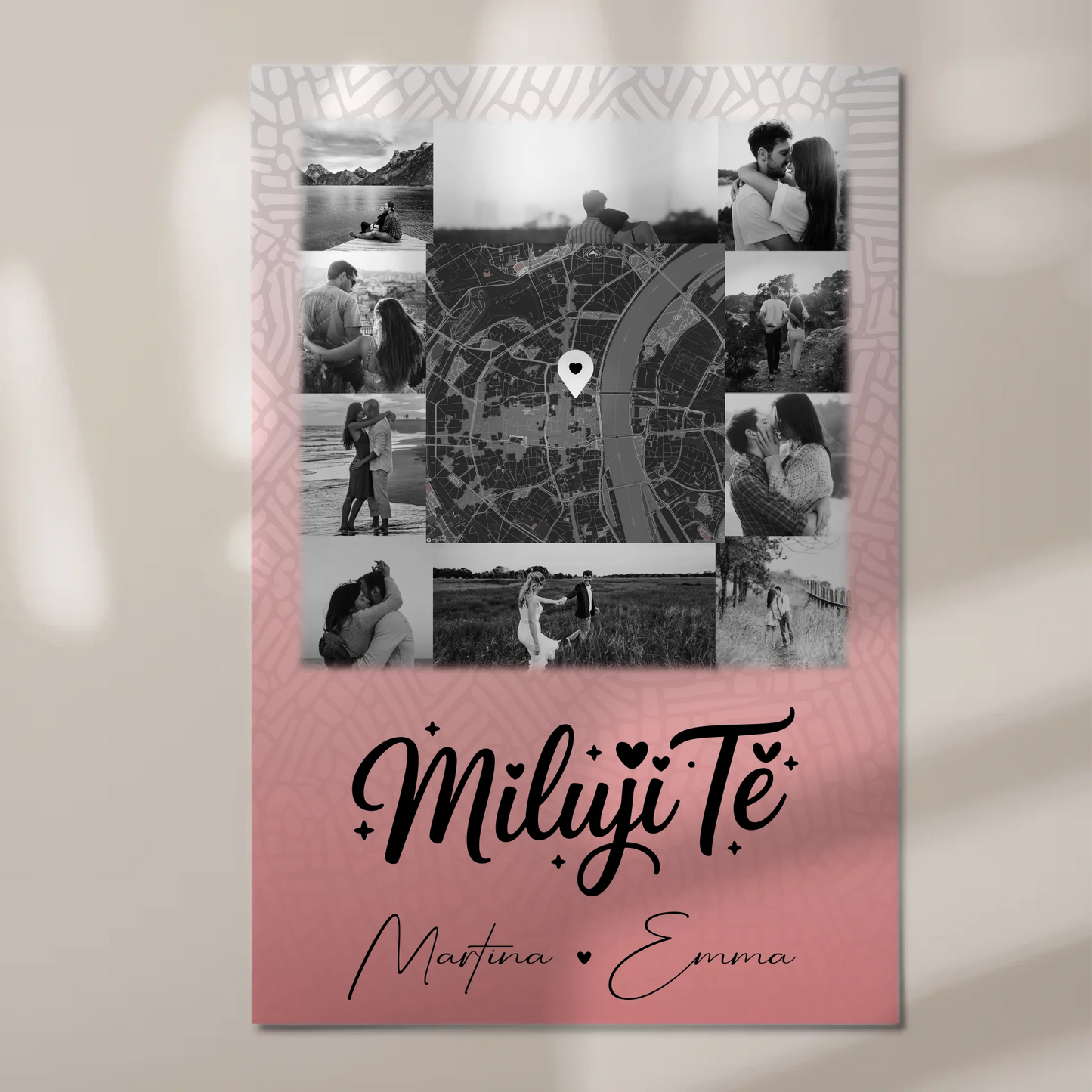 Personalisierbares Fotoboard Poster Magnetisch mit 10 Fotos und Karte in der Mitte Miluji tě Liebe auf Tschechisch