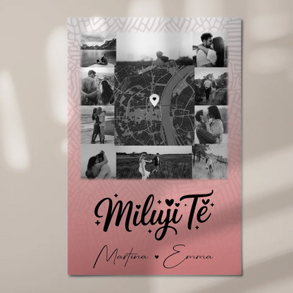 Personalisierbares Fotoboard Poster Magnetisch mit 10 Fotos und Karte in der Mitte Miluji tě Liebe auf Tschechisch