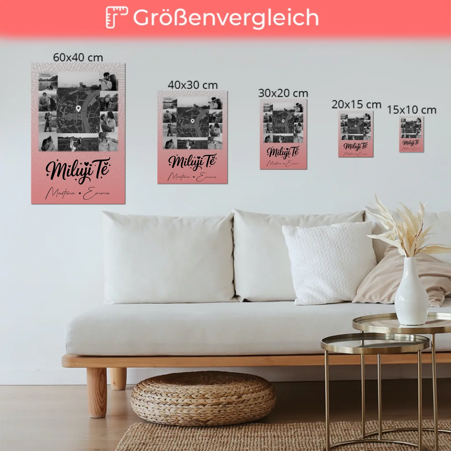 Personalisierbares Fotoboard Poster Magnetisch mit 10 Fotos und Karte in der Mitte Miluji tě Liebe auf Tschechisch