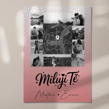 Personalisierbares Fotoboard Poster Magnetisch mit 10 Fotos und Karte in der Mitte Miluji tě Liebe auf Tschechisch