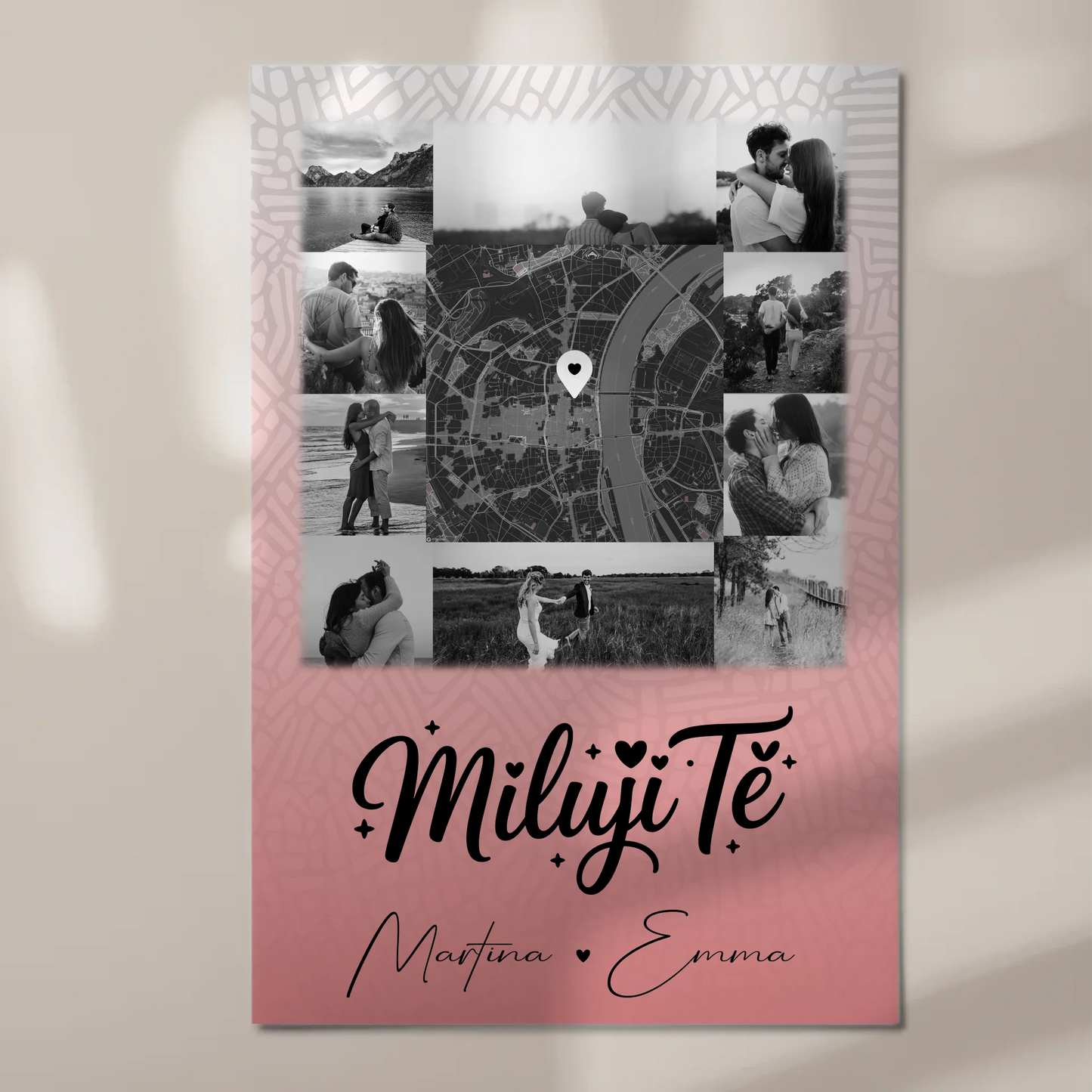 Personalisierbares Fotoboard Poster Magnetisch mit 10 Fotos und Karte in der Mitte Miluji tě Liebe auf Tschechisch