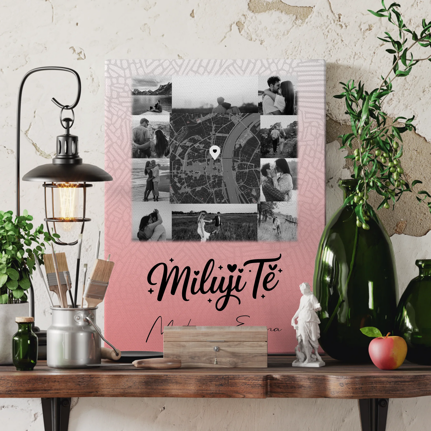 Paar Leinwand mit 10 Fotos und Karte in der Mitte Miluji tě Liebe auf Tschechisch