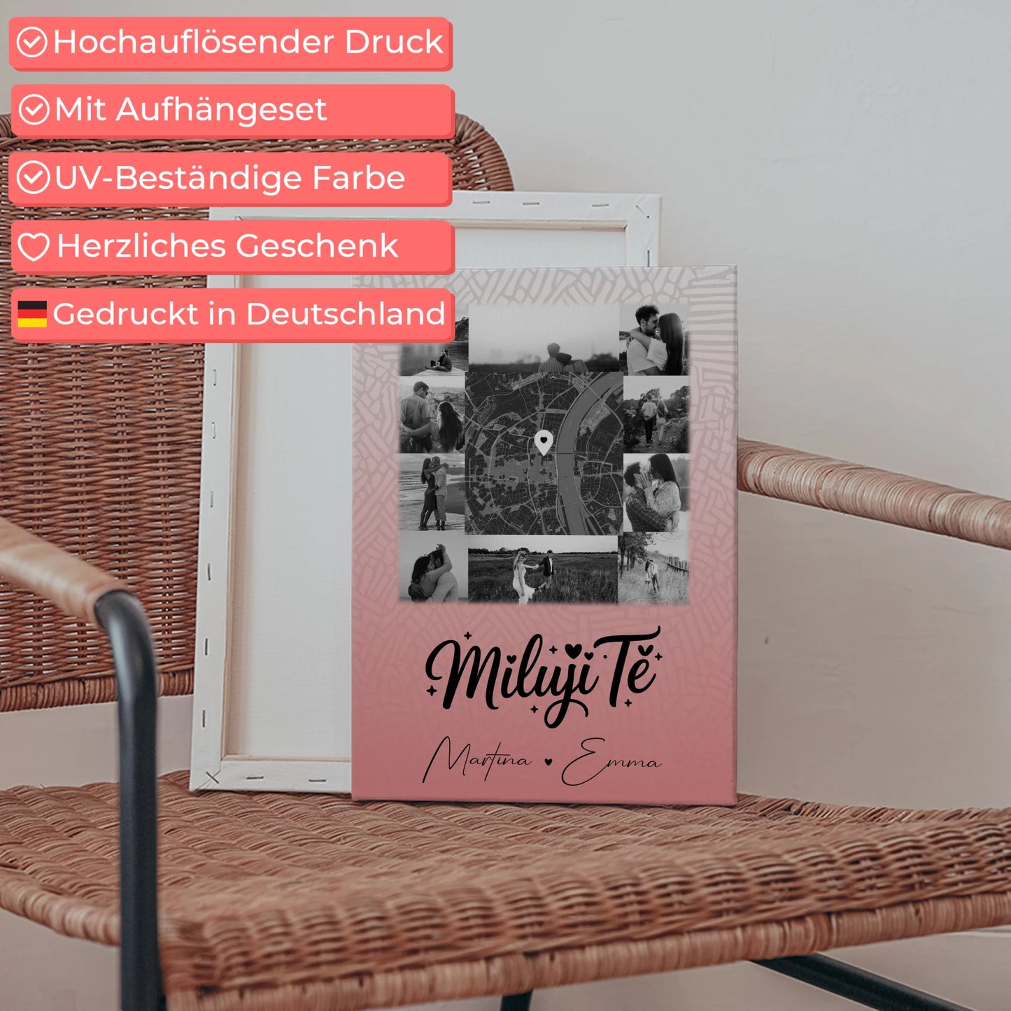 Paar Leinwand mit 10 Fotos und Karte in der Mitte Miluji tě Liebe auf Tschechisch