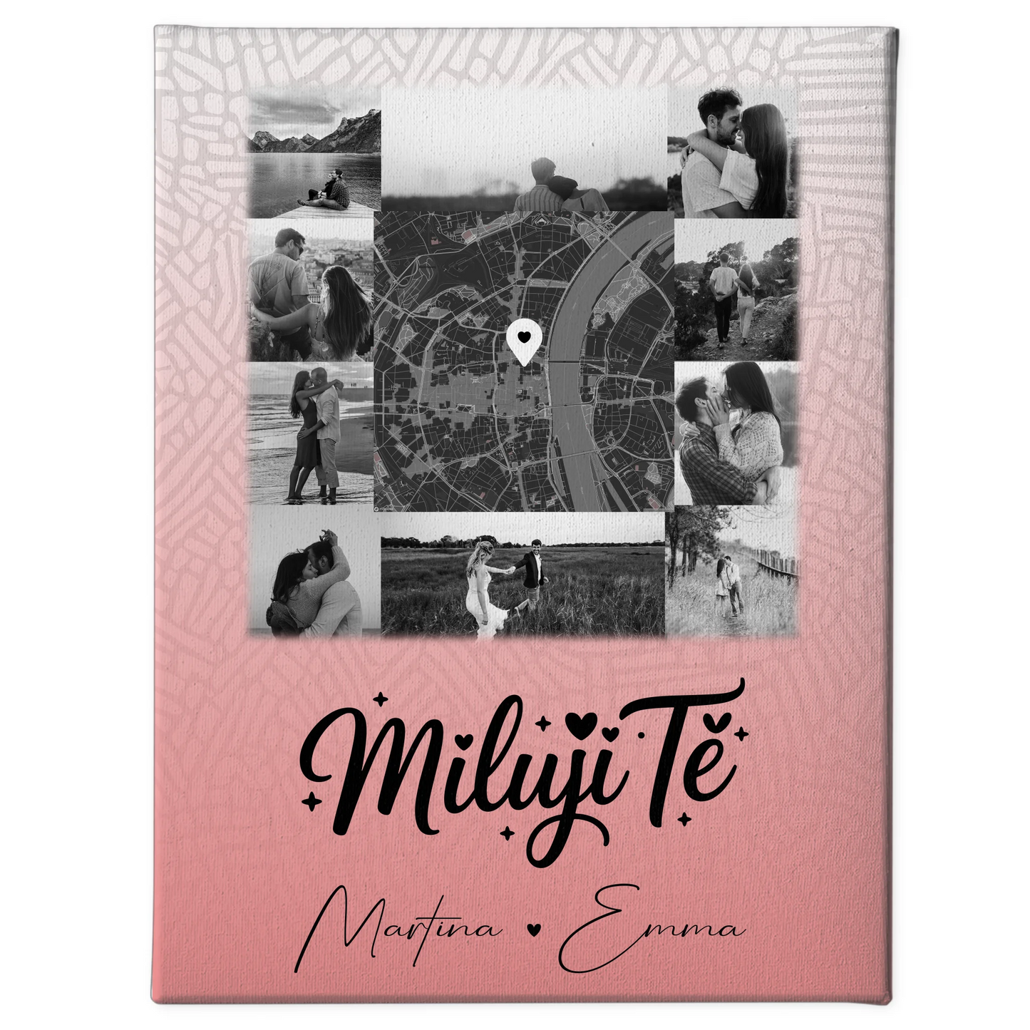 Paar Leinwand mit 10 Fotos und Karte in der Mitte Miluji tě Liebe auf Tschechisch