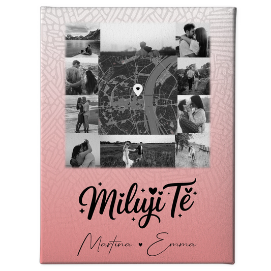 Paar Leinwand mit 10 Fotos und Karte in der Mitte Miluji tě Liebe auf Tschechisch