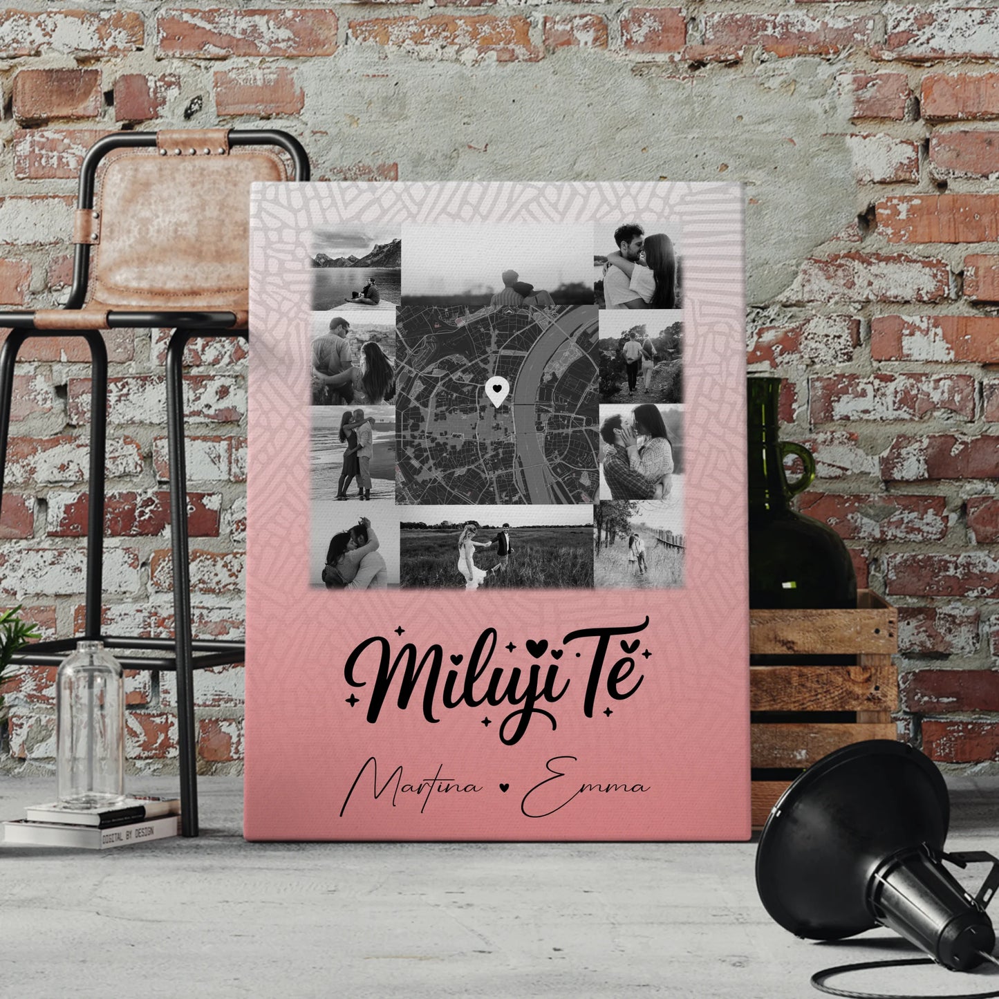 Paar Leinwand mit 10 Fotos und Karte in der Mitte Miluji tě Liebe auf Tschechisch