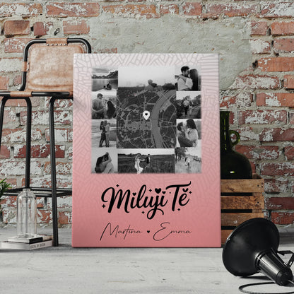 Paar Leinwand mit 10 Fotos und Karte in der Mitte Miluji tě Liebe auf Tschechisch