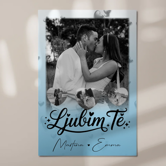 Fotoboard Magnet Poster mit 1 Foto und 3 Herz Fotos Ljubim te Liebe auf Slowenisch 1