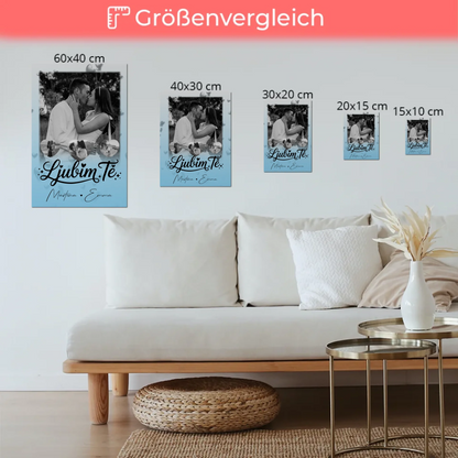 Fotoboard Magnet Poster mit 1 Foto und 3 Herz Fotos Ljubim te Liebe auf Slowenisch