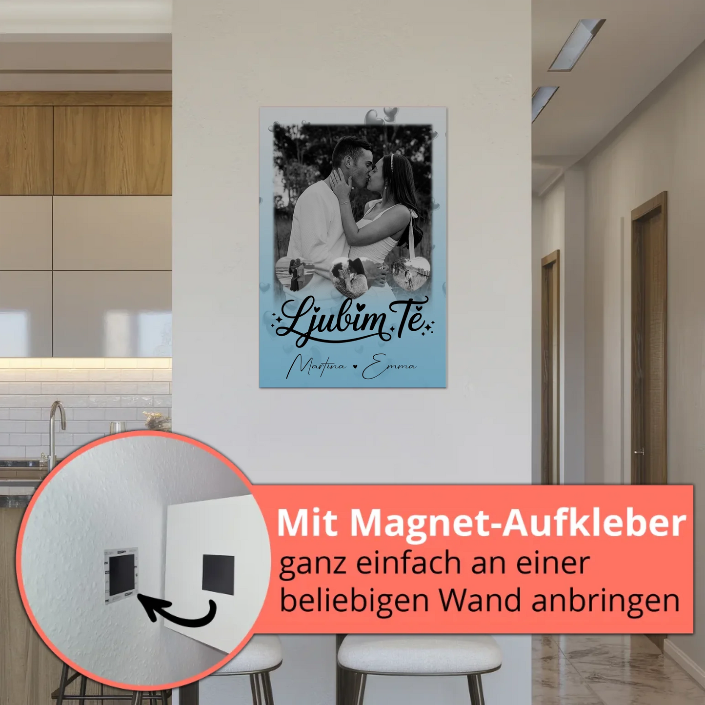 Fotoboard Magnet Poster mit 1 Foto und 3 Herz Fotos Ljubim te Liebe auf Slowenisch