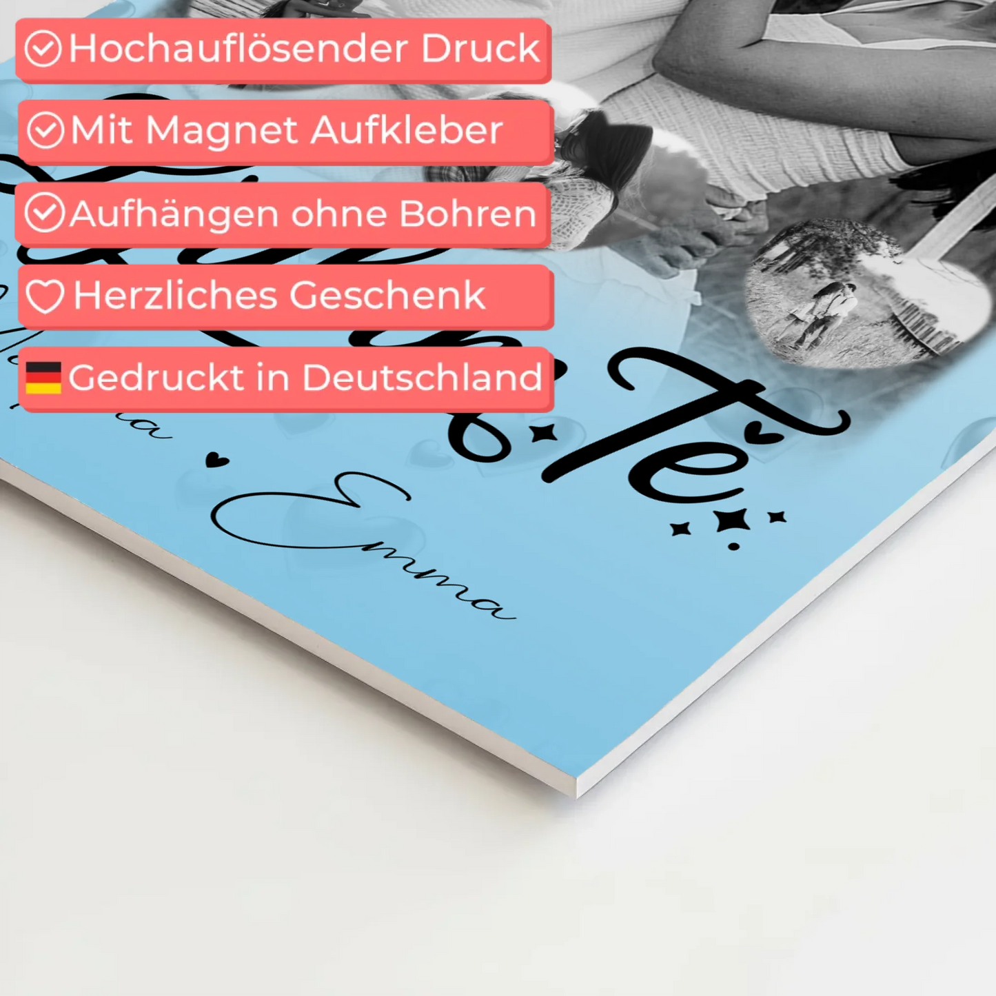 Fotoboard Magnet Poster mit 1 Foto und 3 Herz Fotos Ljubim te Liebe auf Slowenisch