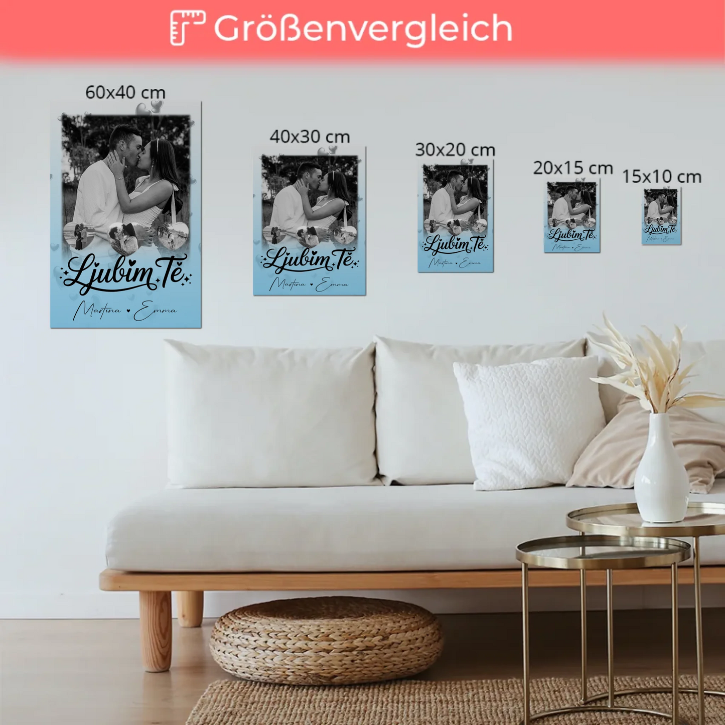 Fotoboard Magnet Poster mit 1 Foto und 3 Herz Fotos Ljubim te Liebe auf Slowenisch