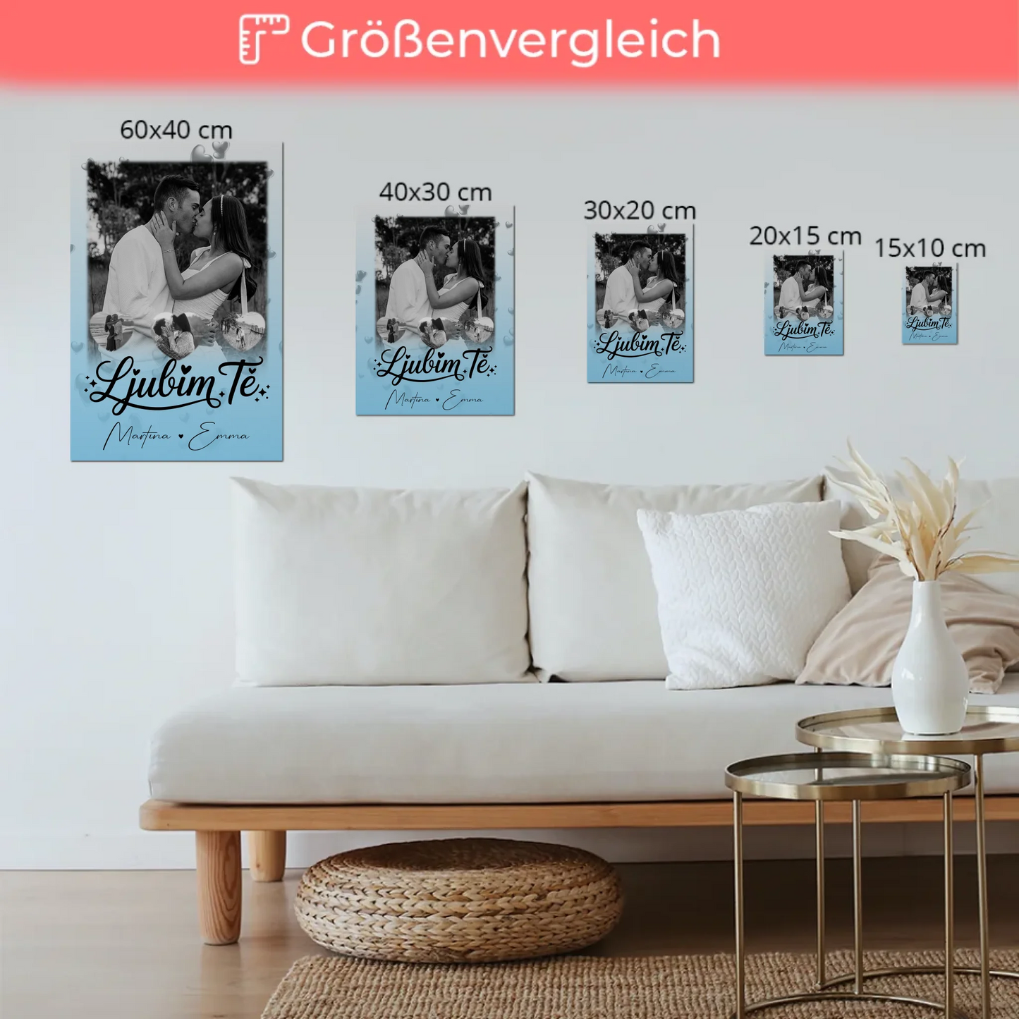 Fotoboard Magnet Poster mit 1 Foto und 3 Herz Fotos Ljubim te Liebe auf Slowenisch