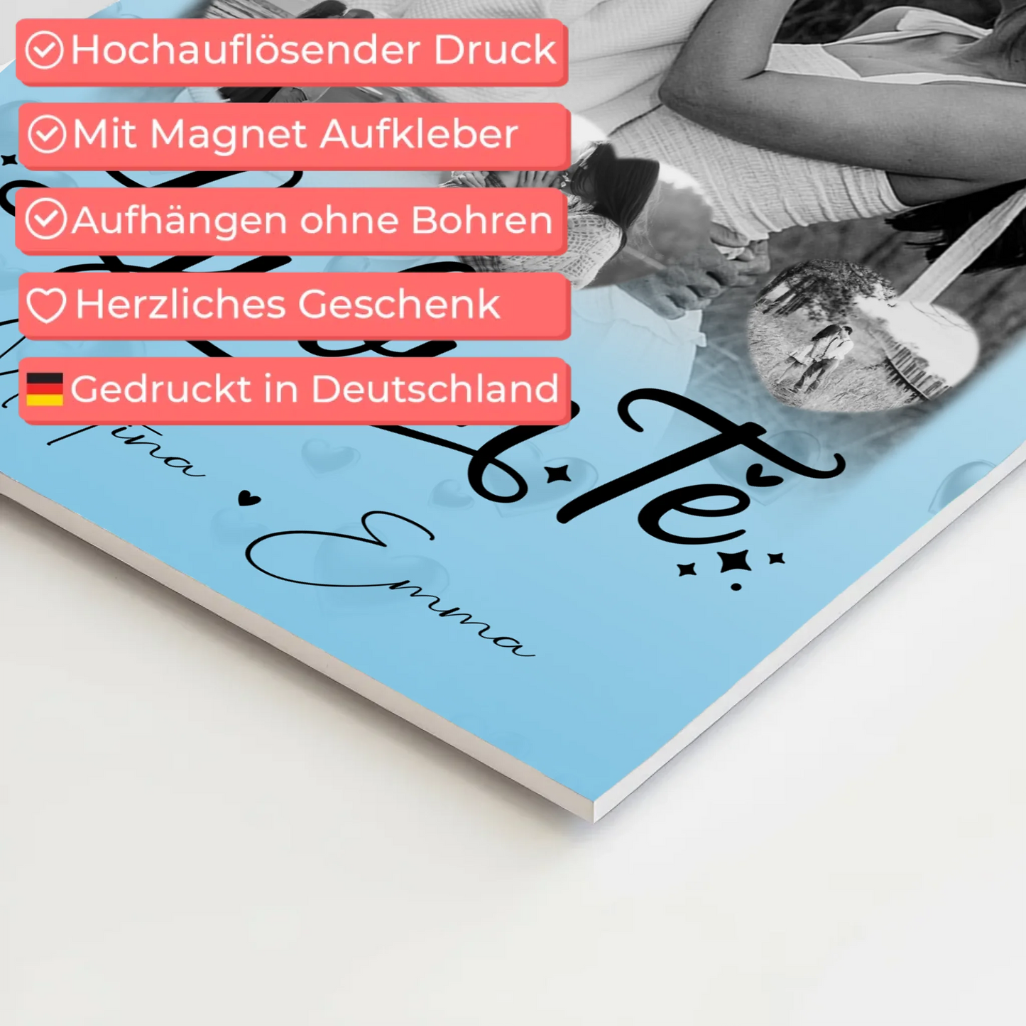 Fotoboard Magnet Poster mit 1 Foto und 3 Herz Fotos Ljubim te Liebe auf Slowenisch