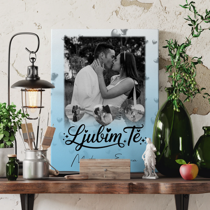 Personalisierte Leinwand Hochzeit mit 1 Foto und 3 Herzfotos Ljubim te Liebe auf Slowenisch