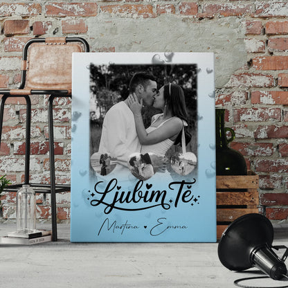 Personalisierte Leinwand Hochzeit mit 1 Foto und 3 Herzfotos Ljubim te Liebe auf Slowenisch