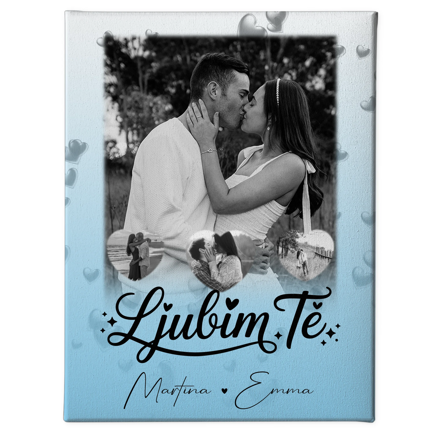 Personalisierte Leinwand Hochzeit mit 1 Foto und 3 Herzfotos Ljubim te Liebe auf Slowenisch