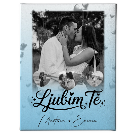 Personalisierte Leinwand Hochzeit mit 1 Foto und 3 Herzfotos Ljubim te Liebe auf Slowenisch