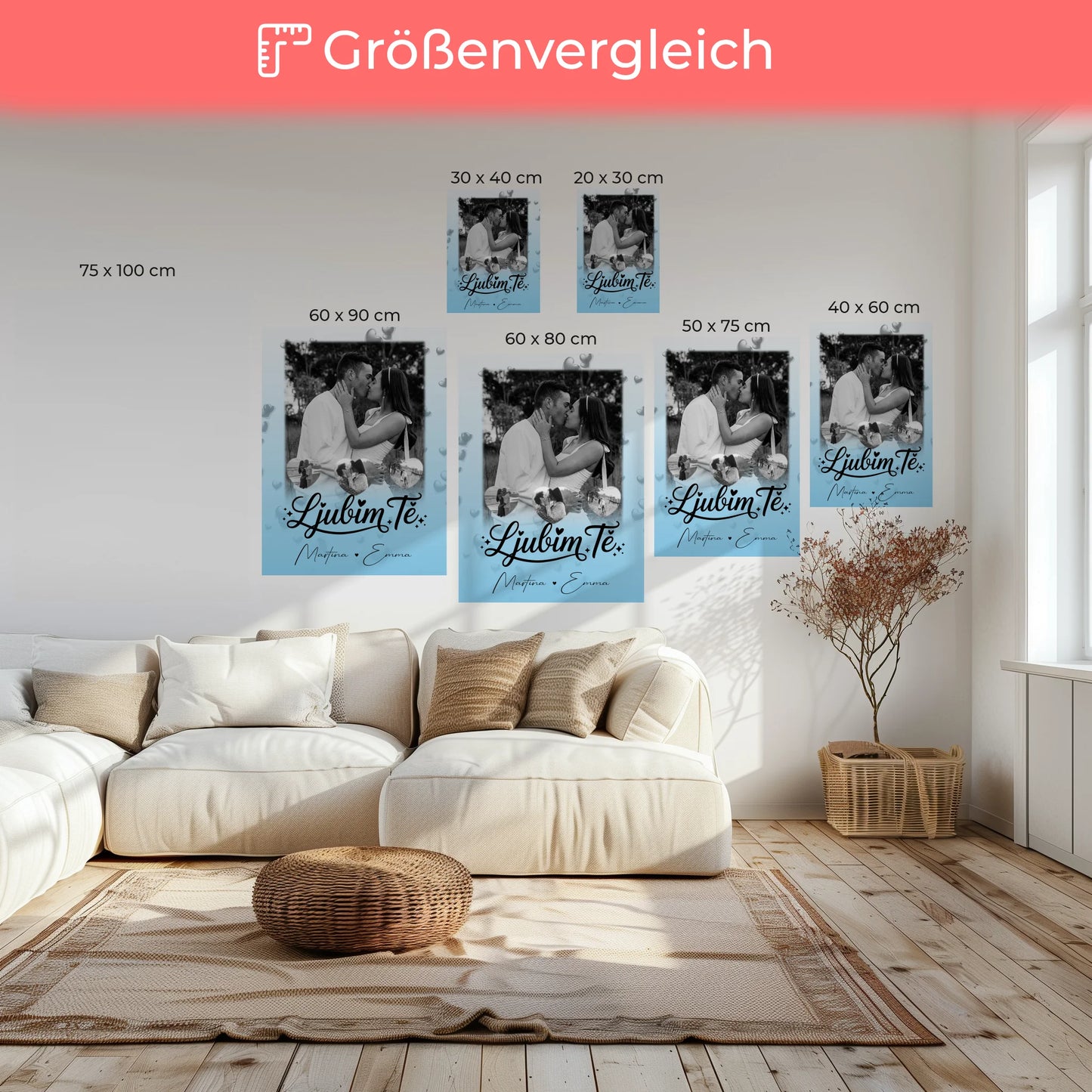 Personalisierte Leinwand Hochzeit mit 1 Foto und 3 Herzfotos Ljubim te Liebe auf Slowenisch