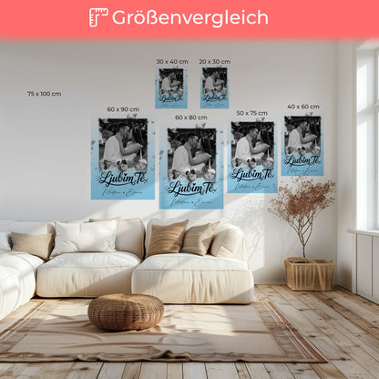 Personalisierte Leinwand Hochzeit mit 1 Foto und 3 Herzfotos Ljubim te Liebe auf Slowenisch
