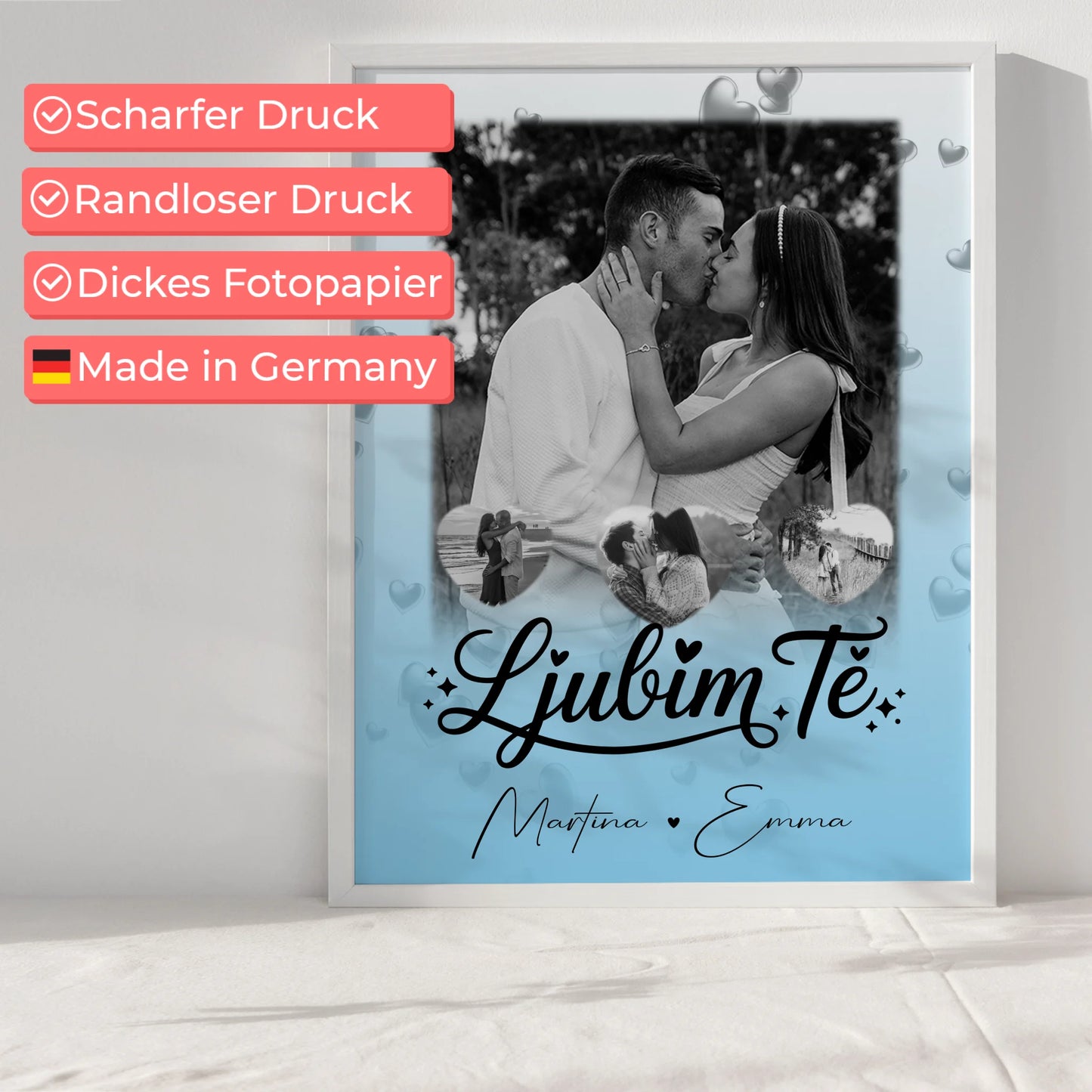 Liebesposter 1 Foto 3 kleine Herzfotos Ljubim te Liebe auf Slowenisch