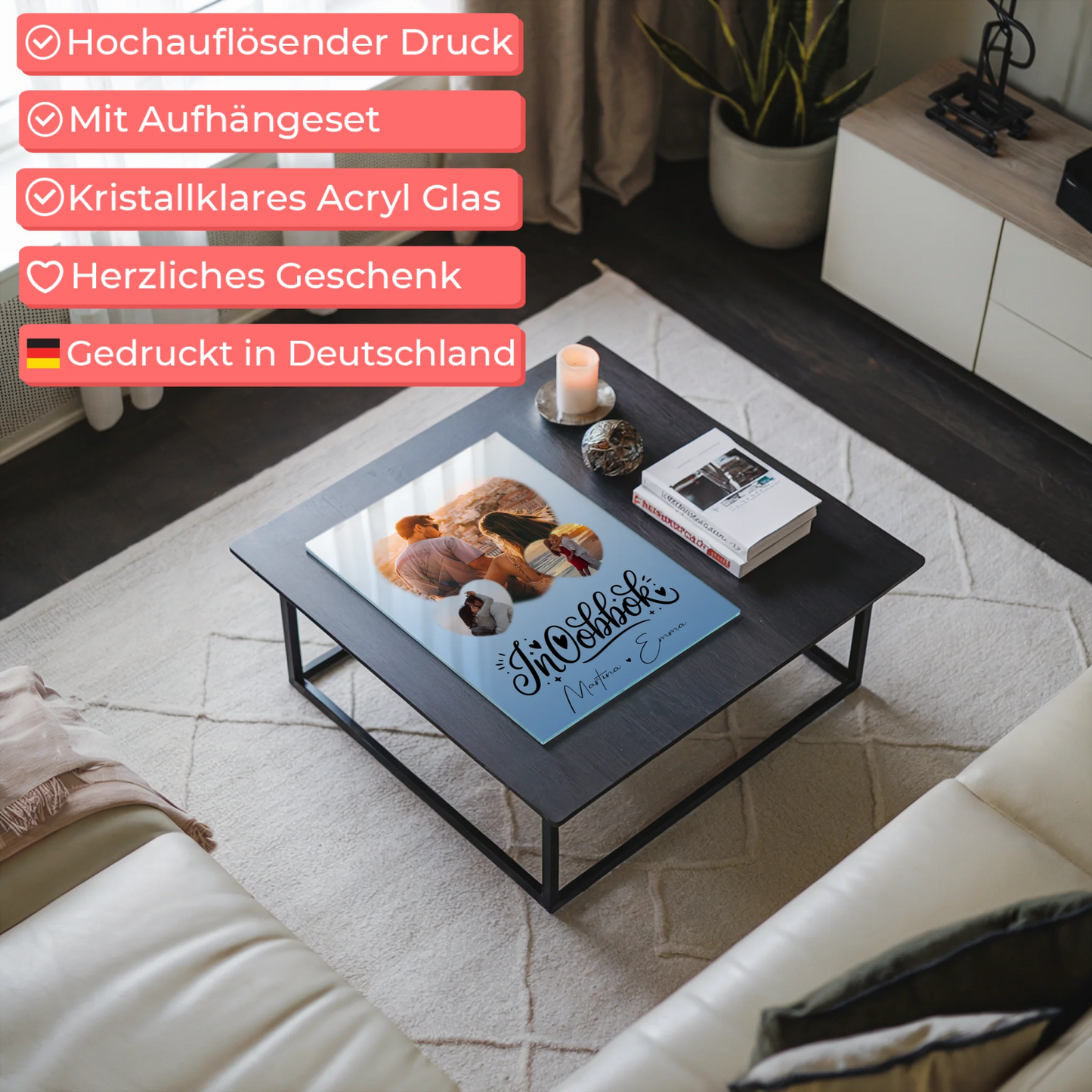 Acrylglas Mit Foto mit 3 Herz Fotos Inħobbok Liebe auf Maltesisch personalisiertes Geschenk