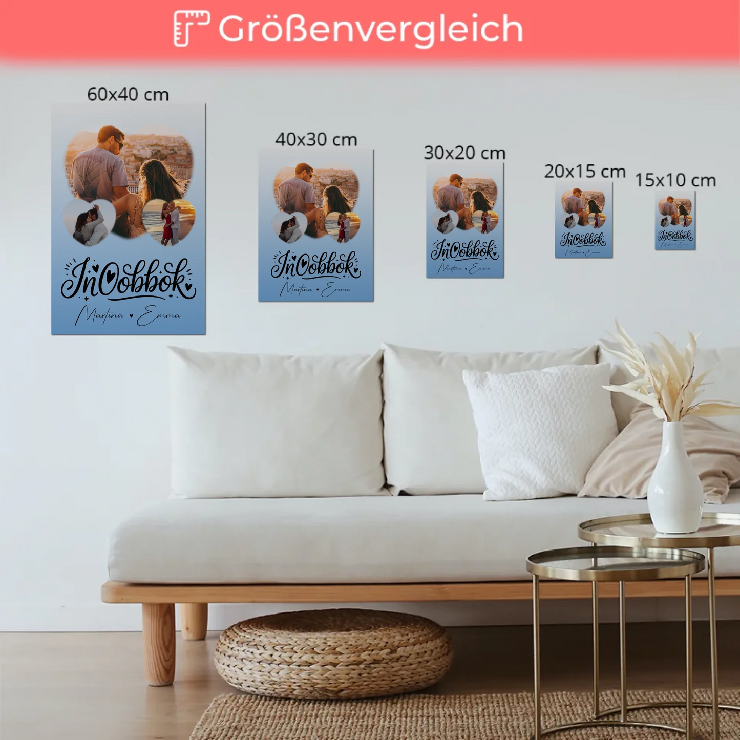 Fotoboard Poster Magnetisch mit 3 Herz Fotos Inħobbok Liebe auf Maltesisch Personalisiertes Geschenk