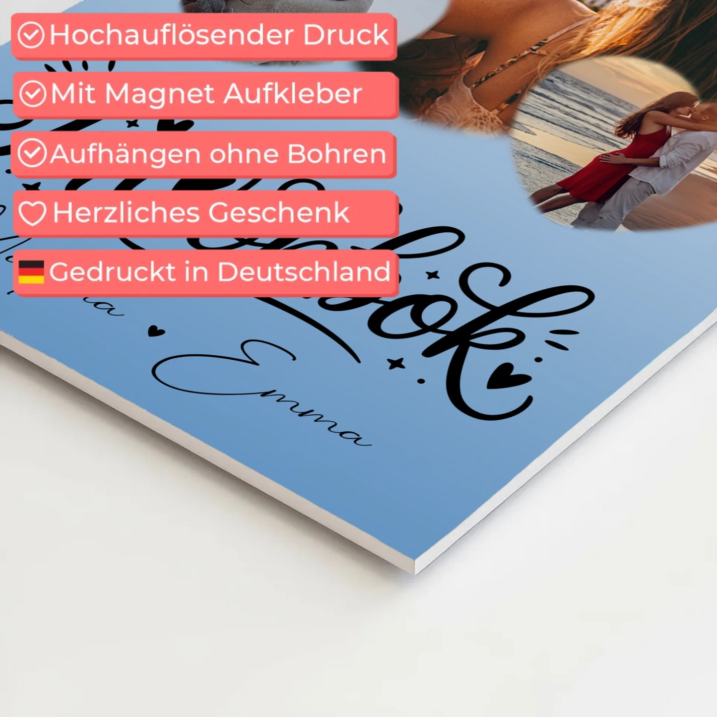 Fotoboard Poster Magnetisch mit 3 Herz Fotos Inħobbok Liebe auf Maltesisch Personalisiertes Geschenk