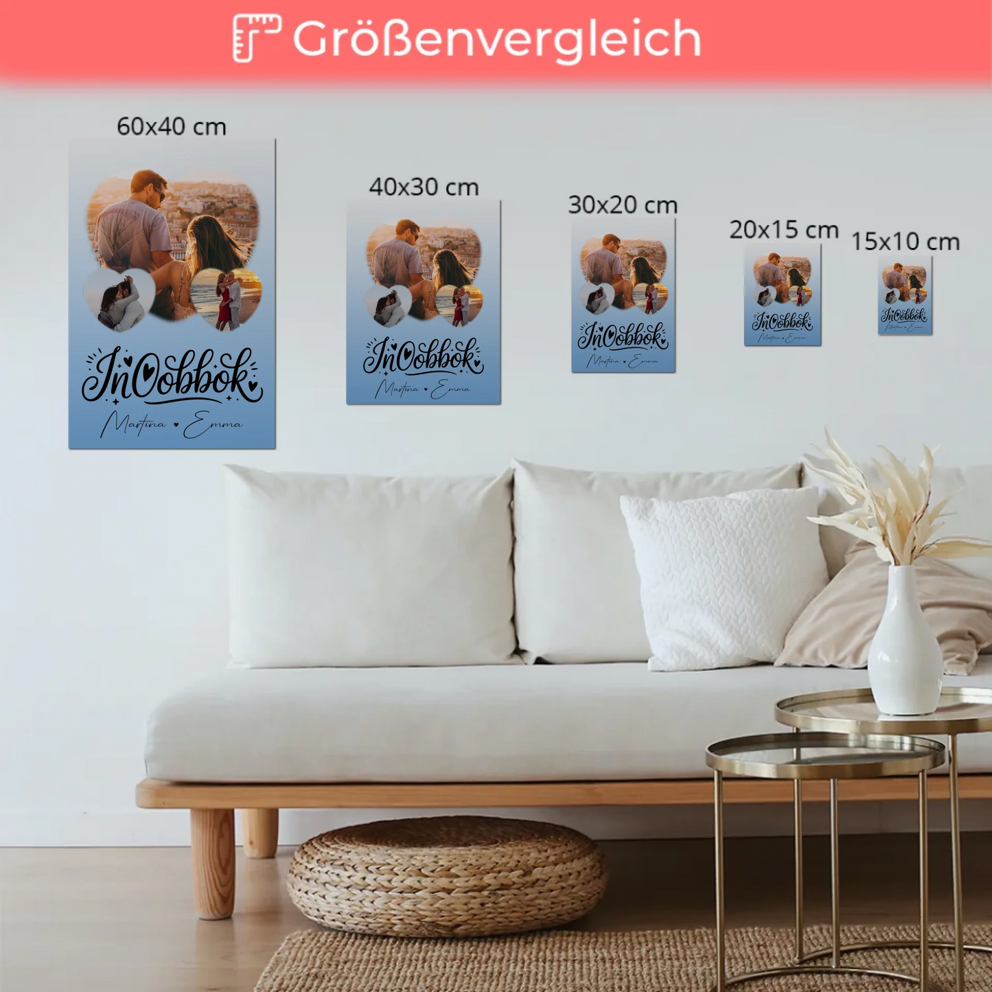 Fotoboard Poster Magnetisch mit 3 Herz Fotos Inħobbok Liebe auf Maltesisch Personalisiertes Geschenk