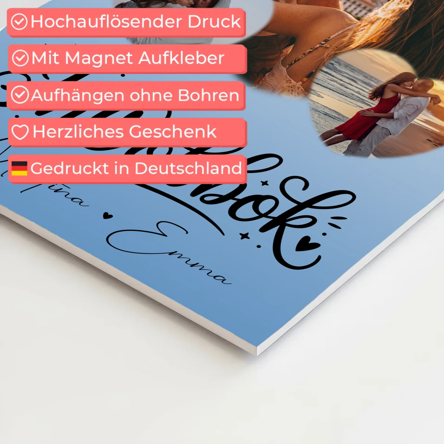 Fotoboard Poster Magnetisch mit 3 Herz Fotos Inħobbok Liebe auf Maltesisch Personalisiertes Geschenk