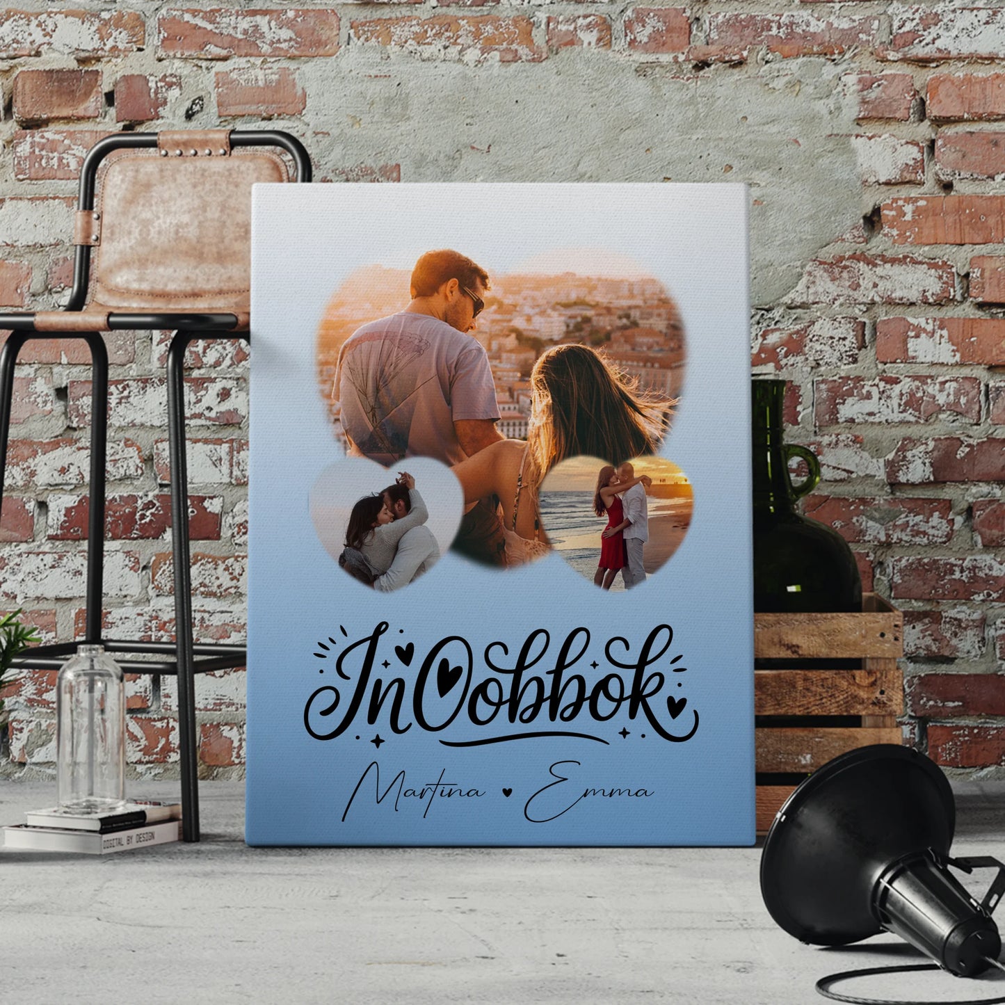 Personalisierte Leinwand Paare 3 Herz Fotos Inħobbok Liebe auf Maltesisch Geschenk