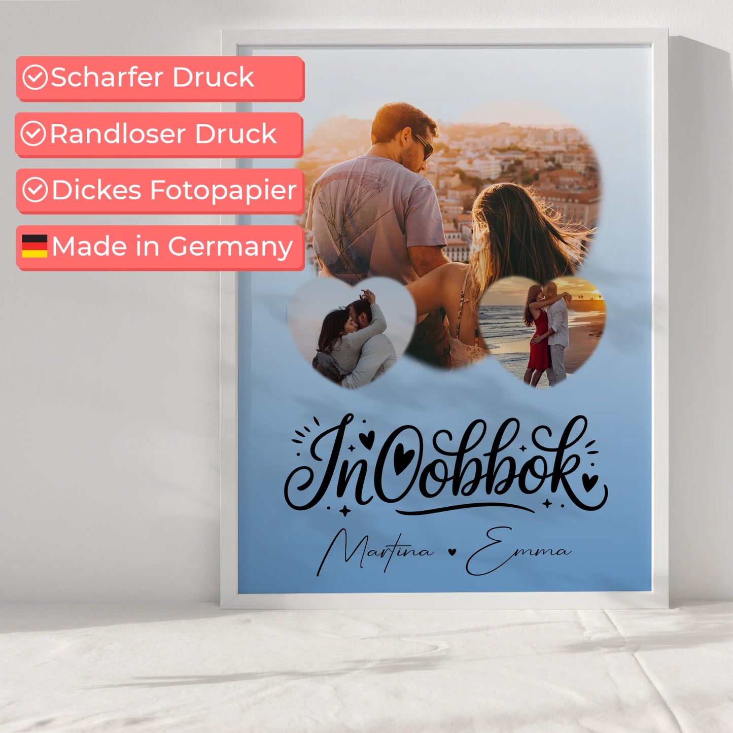 Personalisiertes Liebesposter mit 3 Herz Fotos Inhobbok Liebe auf Maltesisch