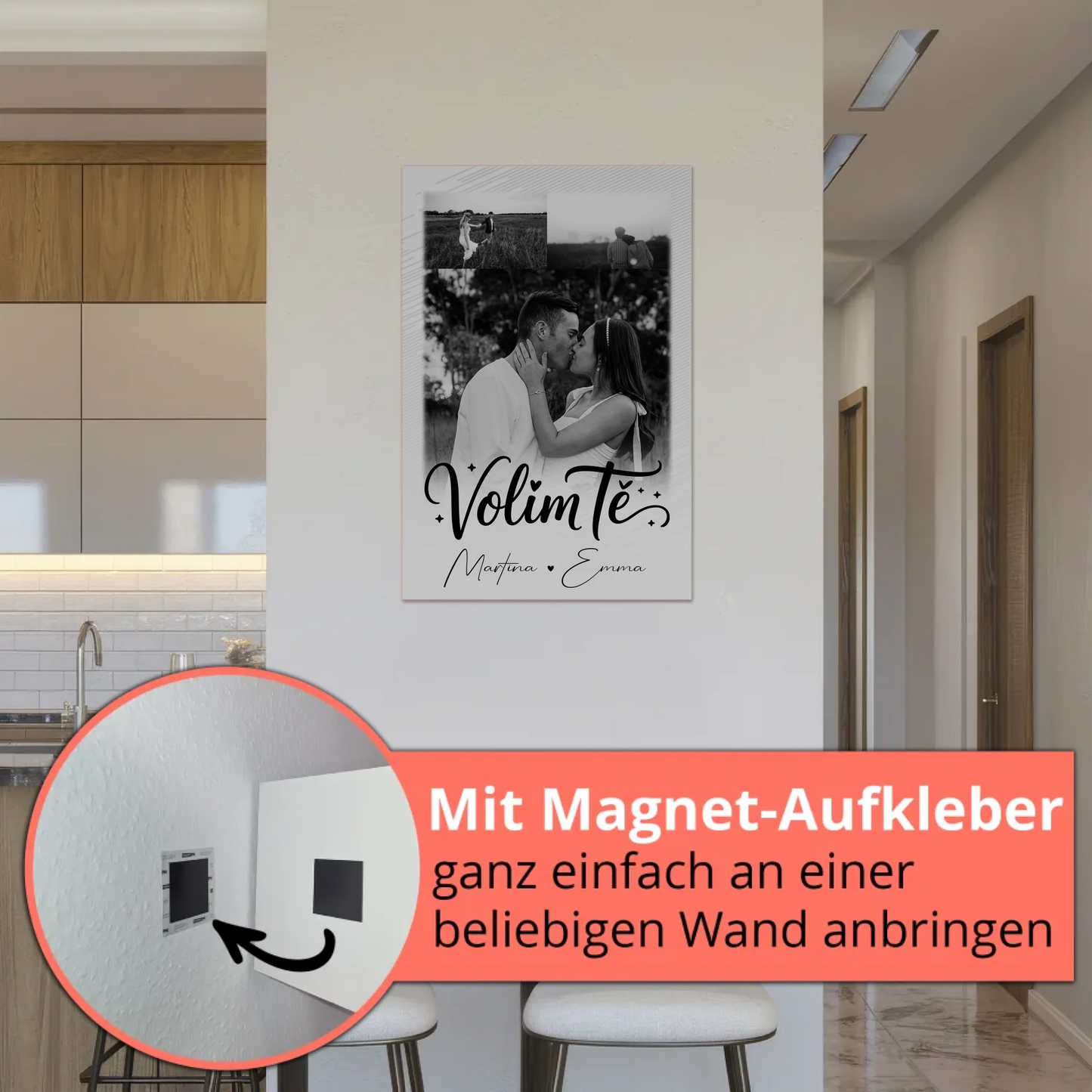 Magnetposter Fotoboard mit 3 Fotos Volim te Liebe auf Kroatisch personalisiertes Geschenk
