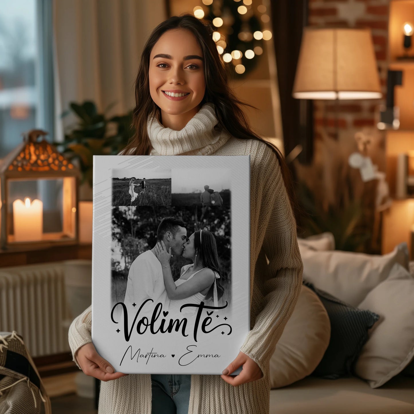 Personalisierte Leinwandbild Paar mit 3 Fotos Volim te Liebe auf Kroatisch für einzigartige Geschenke