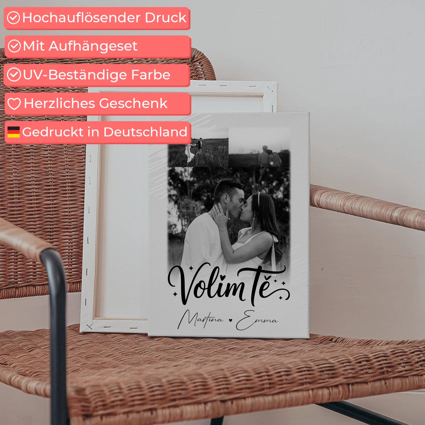 Personalisierte Leinwandbild Paar mit 3 Fotos Volim te Liebe auf Kroatisch für einzigartige Geschenke