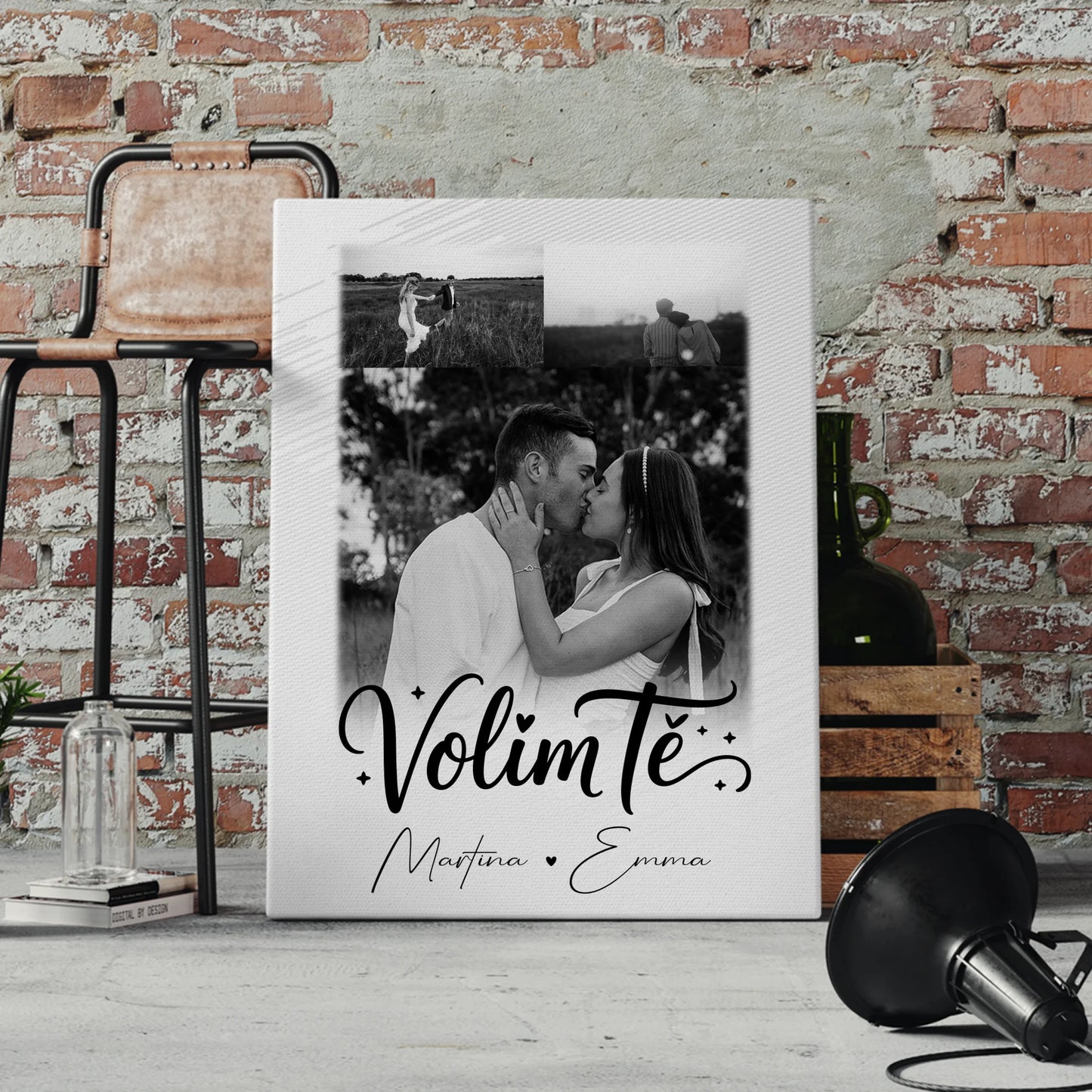 Personalisierte Leinwandbild Paar mit 3 Fotos Volim te Liebe auf Kroatisch für einzigartige Geschenke