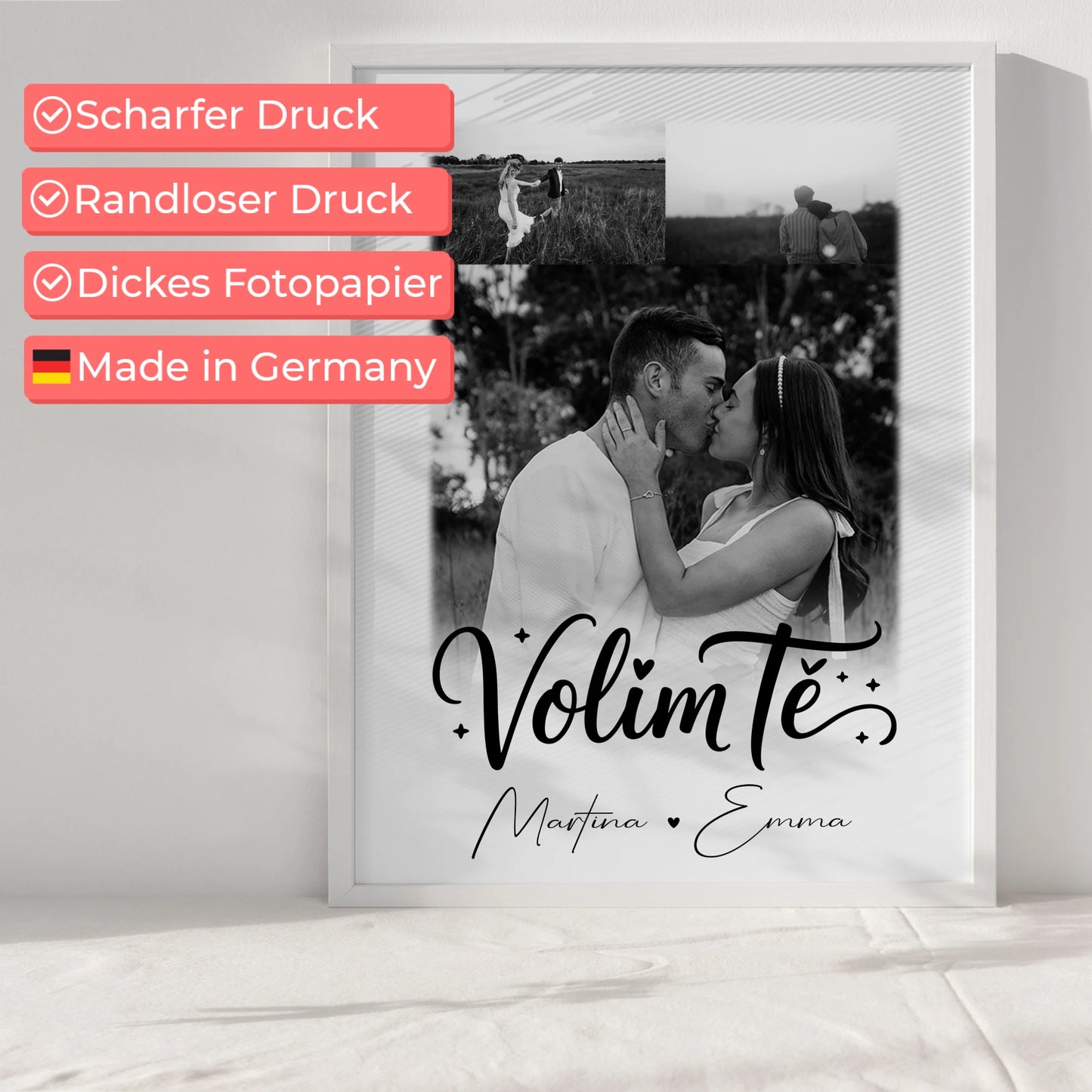 Personalisiertes Liebesposter mit 3 Fotos und Volim te Liebe auf Kroatisch
