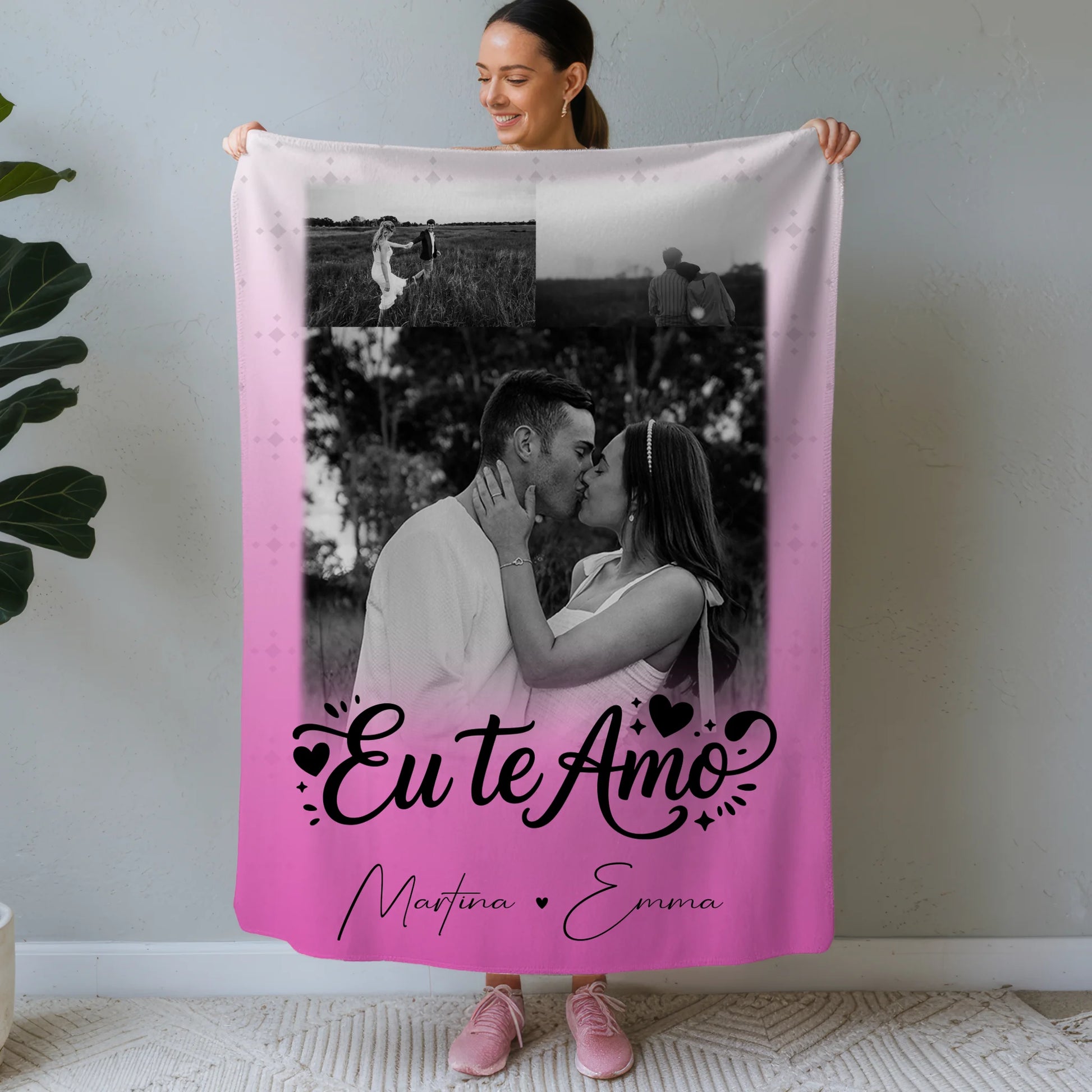 Kuscheldecke Mit Namen 3 Fotos Eu te amo Liebe auf Portugiesisch personalisiertes Geschenk 1