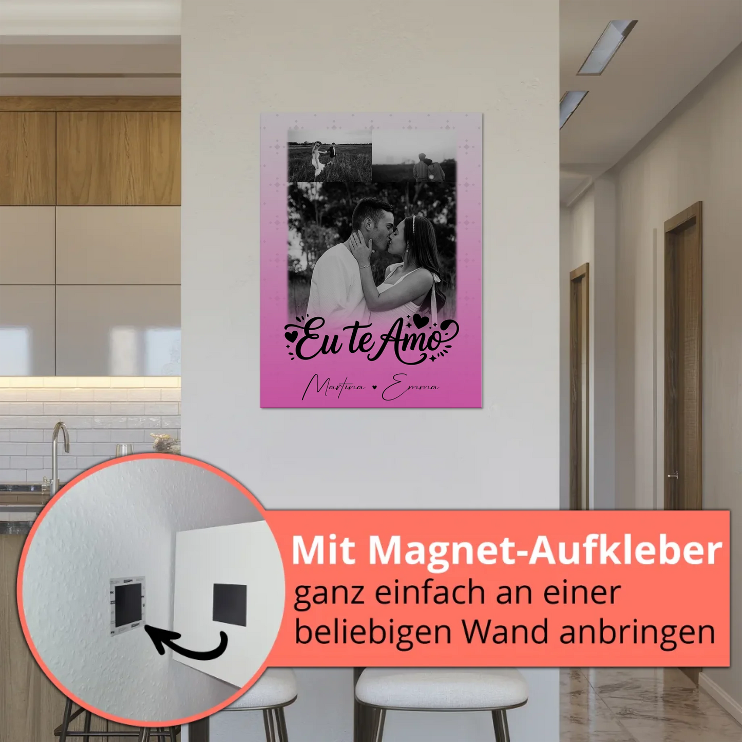 Personalisiertes Fotoboard Magnet Poster mit 3 Fotos Eu te amo Liebe auf Portugiesisch