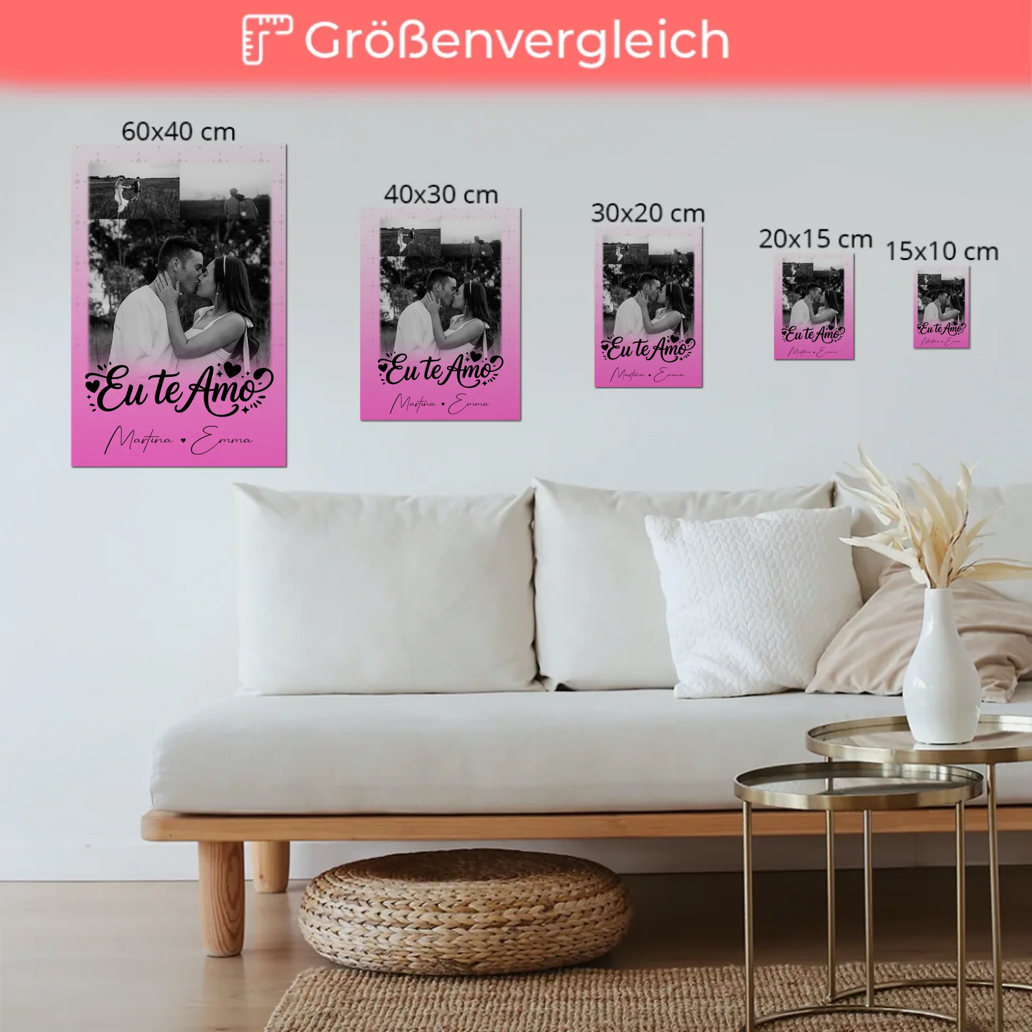Personalisiertes Fotoboard Magnet Poster mit 3 Fotos Eu te amo Liebe auf Portugiesisch