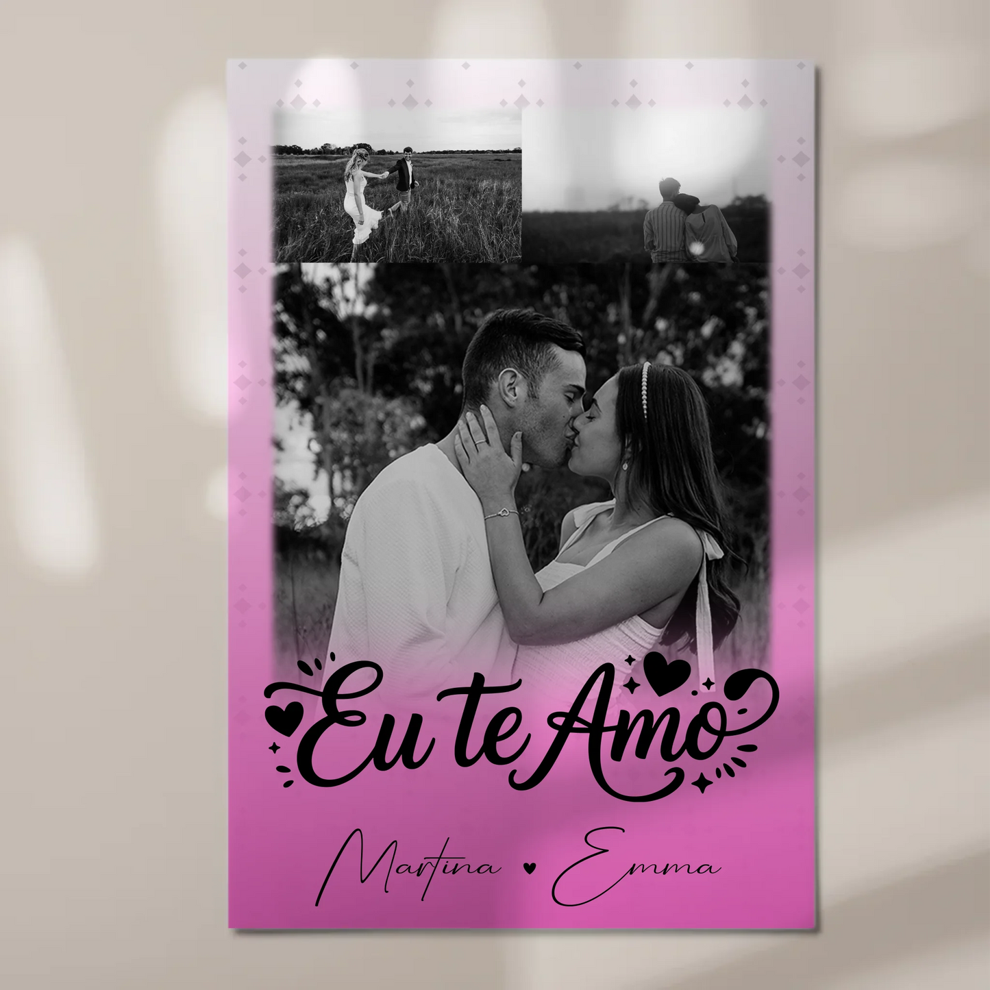 Personalisiertes Fotoboard Magnet Poster mit 3 Fotos Eu te amo Liebe auf Portugiesisch